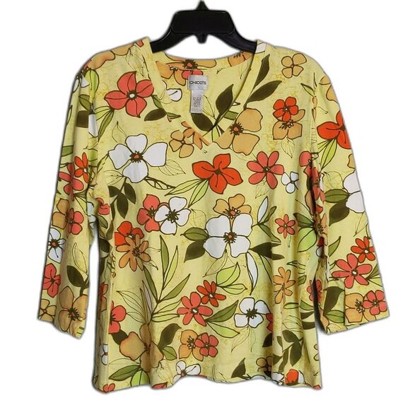 Chicos Yellow Floral Stretch Top Tee Women's 3 - Picture 1 of 3